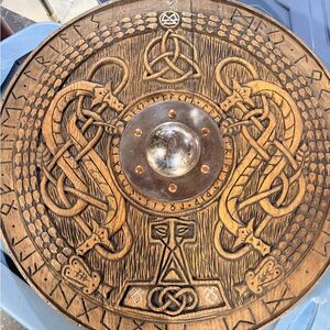 Viking Style hard carved Wooden Shield with Intricate Carvings